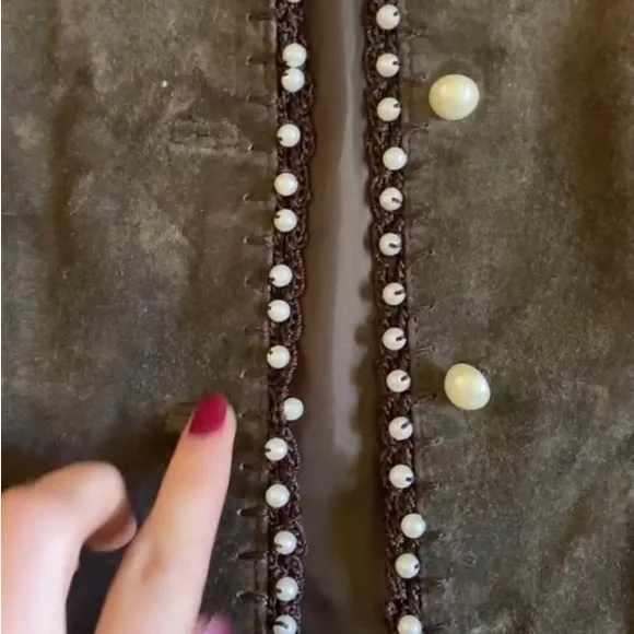 100% SUEDE SOPHIE CHANG Faux Pearl embellished lightweight jacket darkOlive Med - Picture 11 of 15